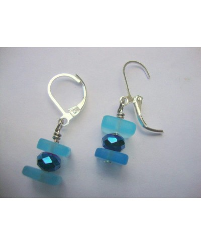 Stacked Caribbean Blue Sea Glass Square Crystal Silver Dangle Earrings Beach $8.44 Drop & Dangle