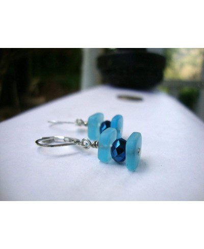 Stacked Caribbean Blue Sea Glass Square Crystal Silver Dangle Earrings Beach $8.44 Drop & Dangle