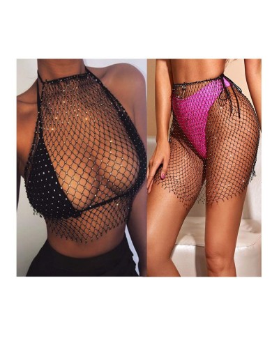 Shiny Rhinestone Mesh See Through Cover up Crop Tops Sexy Nightclub Fishnet Bikini Rave Festival Fashion Body Accessories Jew...