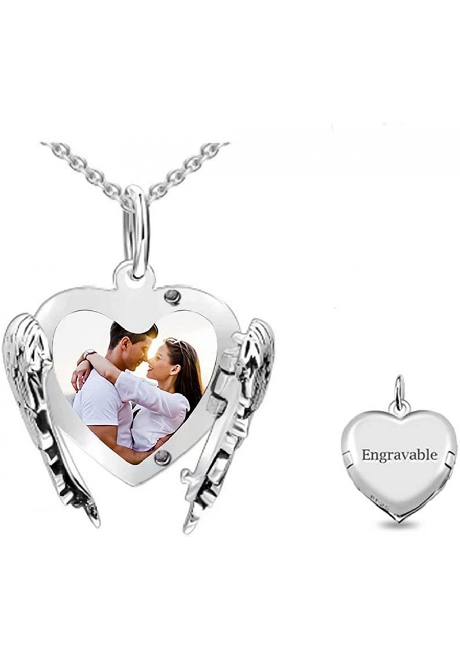 Personalized Engraved Photo Necklace Customized Angel Wings Sterling Silver Heart Picture Locket Necklace for Gift $35.39 Loc...