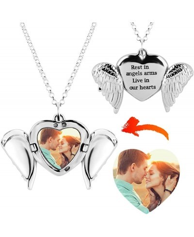 Personalized Engraved Photo Necklace Customized Angel Wings Sterling Silver Heart Picture Locket Necklace for Gift $35.39 Loc...