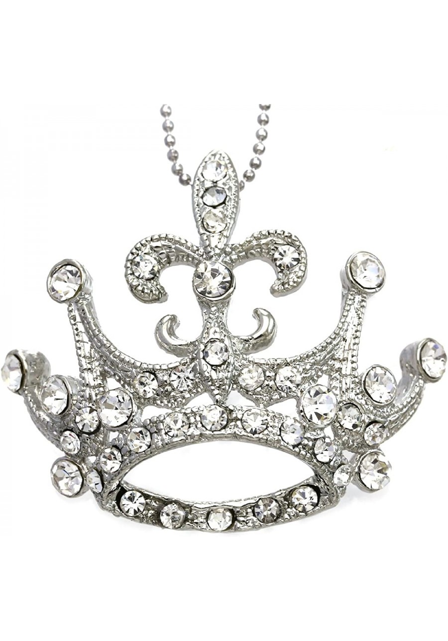 Fleur De Lis Princess Crown Tiara Pendant Necklace Clear Rhinestones Teens Fashion Jewelry $11.66 Pendants & Coins