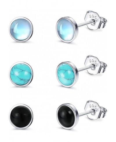 925 Sterling Silver Stud Earrings for Womens Teens Moonstone Earrings Turquoise Black Earrings Round Gemstone Stud Gift Chris...