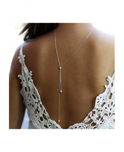 Pearl Back Drop Necklace Silver Long Drop Back Chain Necklace Bridal Lariat Chain Necklace Jewelry for Women and Girls (Silve...