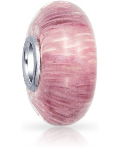 Solid Pink Mauve Striped Murano Glass Spacer Charm Bead For Women For Teen .925 Sterling Silver Core Fits European Bracelet $...