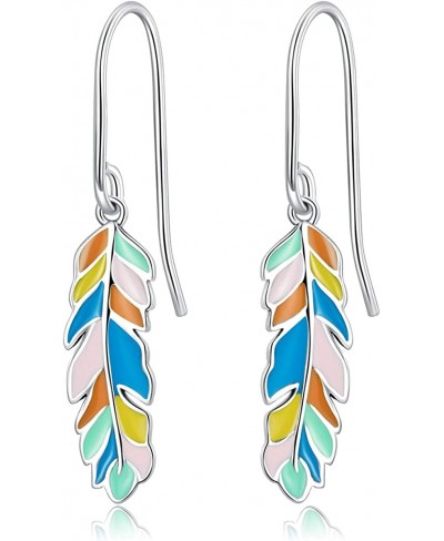 Colorful Feather Dangle Drop Earrings 925 Sterling Silver for Women Girls Fashion Rainbow Dangling Hook Earring Statement Hoo...