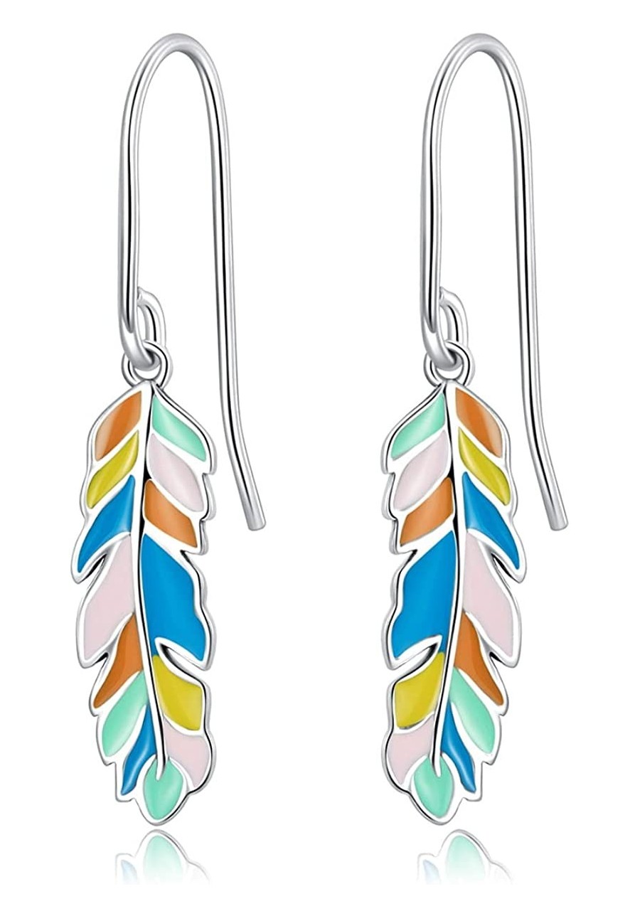 Colorful Feather Dangle Drop Earrings 925 Sterling Silver for Women Girls Fashion Rainbow Dangling Hook Earring Statement Hoo...