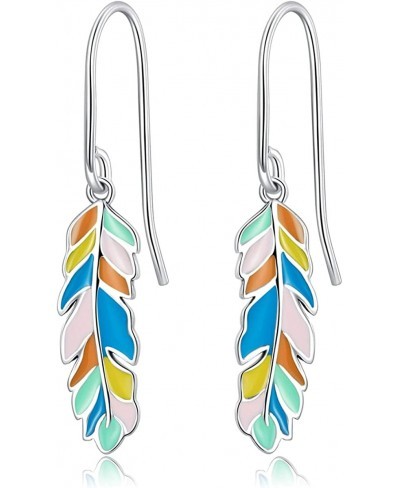 Colorful Feather Dangle Drop Earrings 925 Sterling Silver for Women Girls Fashion Rainbow Dangling Hook Earring Statement Hoo...