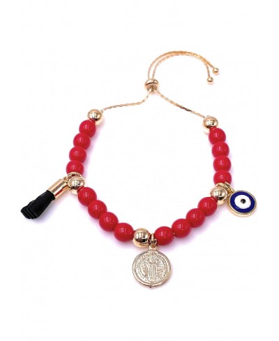 Saint Benedict Red Glass Beads Bracelet Genuine Azabache and Blue Evil Eye Protection Jewelry $18.22 Strand