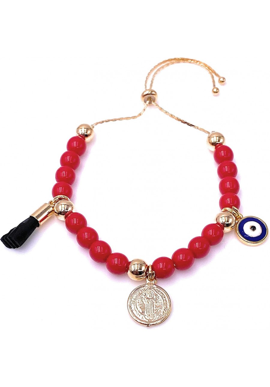 Saint Benedict Red Glass Beads Bracelet Genuine Azabache and Blue Evil Eye Protection Jewelry $18.22 Strand