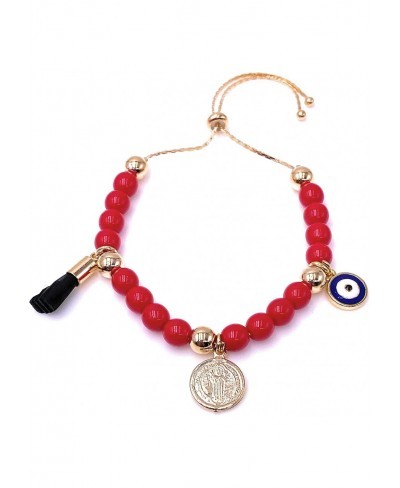 Saint Benedict Red Glass Beads Bracelet Genuine Azabache and Blue Evil Eye Protection Jewelry $18.22 Strand