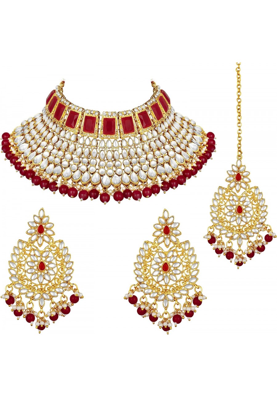 Indian Bridal Style Choker Nekclace Earrings Maang Tikka Traditional Wedding Ethnic Fashion Jewelry Set for Women $31.46 Jewe...