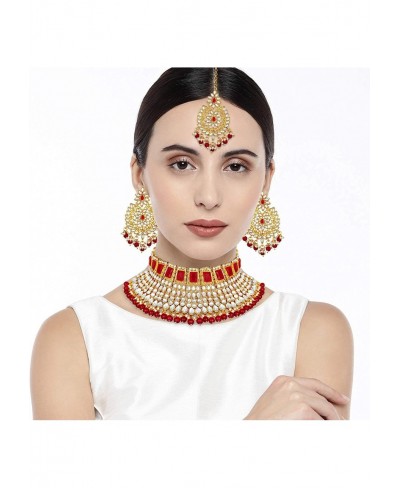 Indian Bridal Style Choker Nekclace Earrings Maang Tikka Traditional Wedding Ethnic Fashion Jewelry Set for Women $31.46 Jewe...