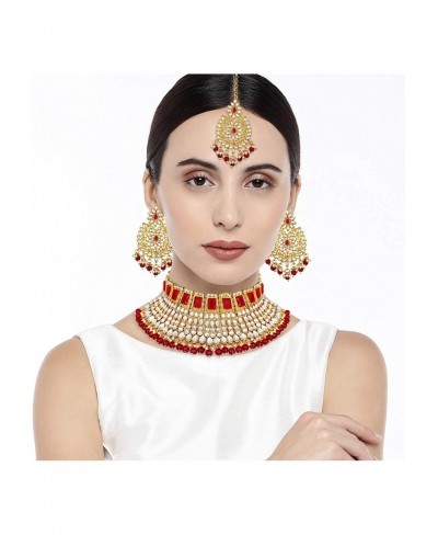 Indian Bridal Style Choker Nekclace Earrings Maang Tikka Traditional Wedding Ethnic Fashion Jewelry Set for Women $31.46 Jewe...