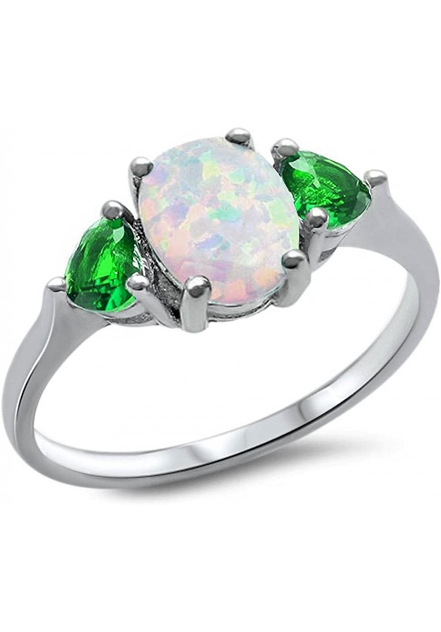 Sterling Silver Oval Lab Created White Opal & Greem Emerald Heart Ring Sizes 4-10 $13.22 Statement