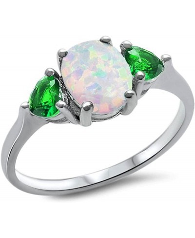 Sterling Silver Oval Lab Created White Opal & Greem Emerald Heart Ring Sizes 4-10 $13.22 Statement