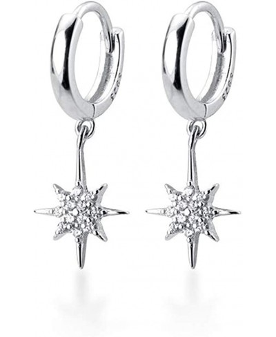 CZ Starburst Star Dangle Drop Earrings for Women Girls Sensitive Ear S925 Sterling Silver Hypoallergenic Sleeper Cuff Small H...
