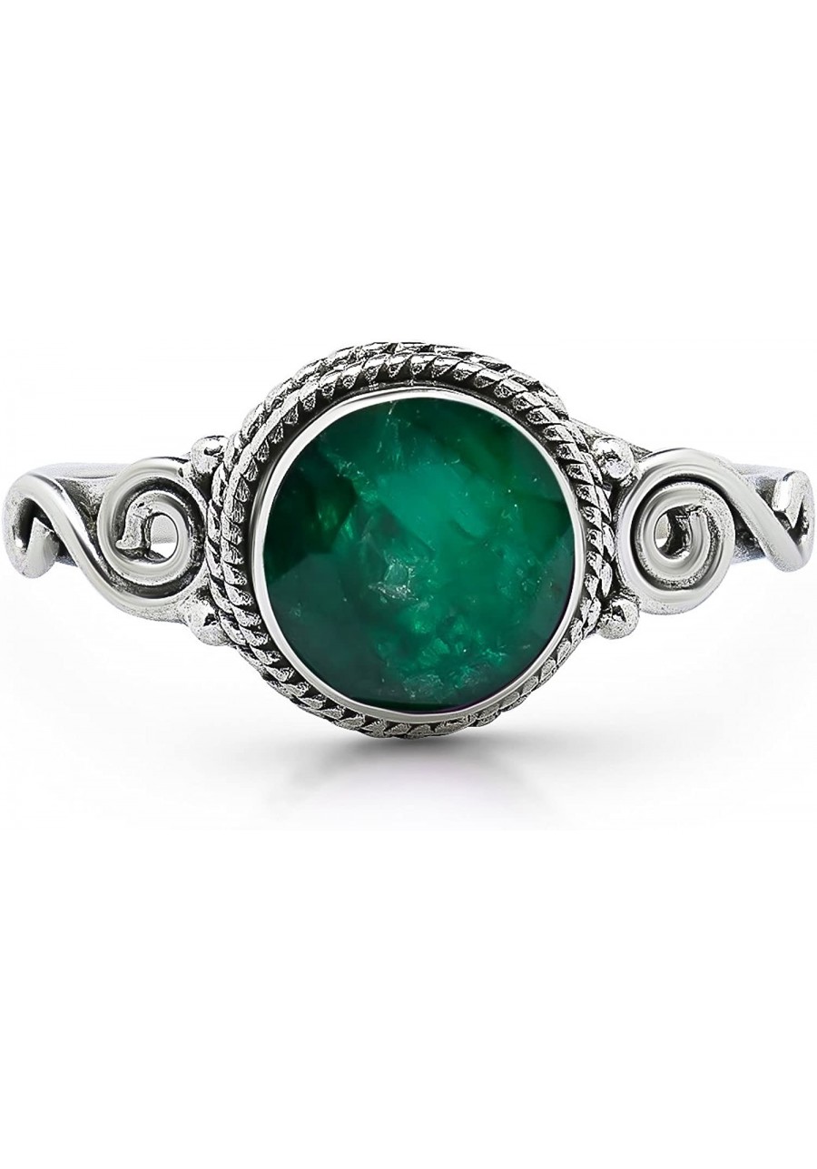 Round Oval Ceated Emerald Spiral Side Ring - 925 Sterling Silver - Ethnic Tribal and Boho Chic Jewelry - Fashionable and Styl...