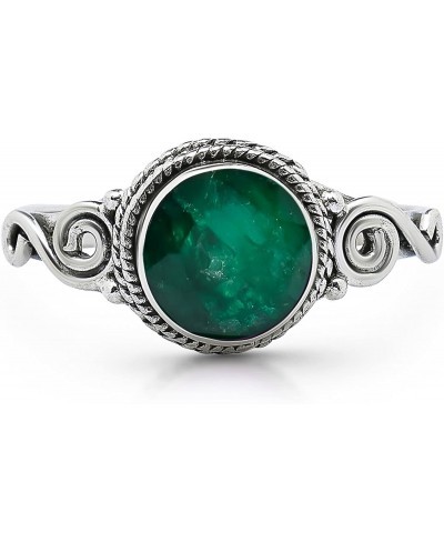 Round Oval Ceated Emerald Spiral Side Ring - 925 Sterling Silver - Ethnic Tribal and Boho Chic Jewelry - Fashionable and Styl...