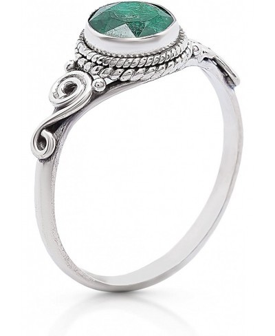 Round Oval Ceated Emerald Spiral Side Ring - 925 Sterling Silver - Ethnic Tribal and Boho Chic Jewelry - Fashionable and Styl...