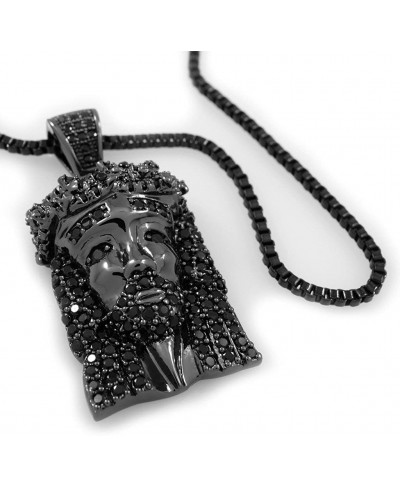 Mini Jesus Pendant Iced with Black Cubic Zirconia and Free 30 Inch Box Chain 18K Black Gold Plated Pendant and Necklace Hip H...