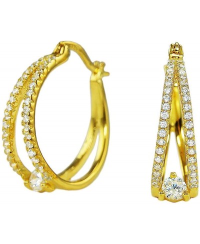 Gold Plated 925 Sterling Silver Round Cubic Zirconia Pave Split Shank Huggie Hoop Earrings $34.57 Hoop