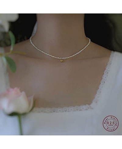 925 Sterling Silver Vintage Golden Handmade Round Bead Pendant Necklace Women Freshwater Pearl Clavicle Chain Jewelry Gift (G...