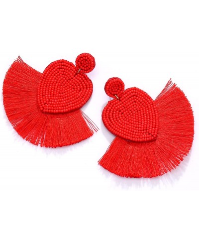 Beaded Heart Drop Earrings Statement Heart Tassel Bead Earrings Handmade Bohemia Red Love Heart Fringe Dangle Earrings for Wo...