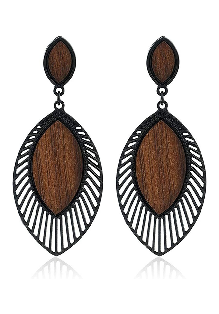 Vintage Leaf Teardrop Wood Grain Earrings Boho Ethnic Statement Dangle Drop Earrings for Women $10.81 Drop & Dangle