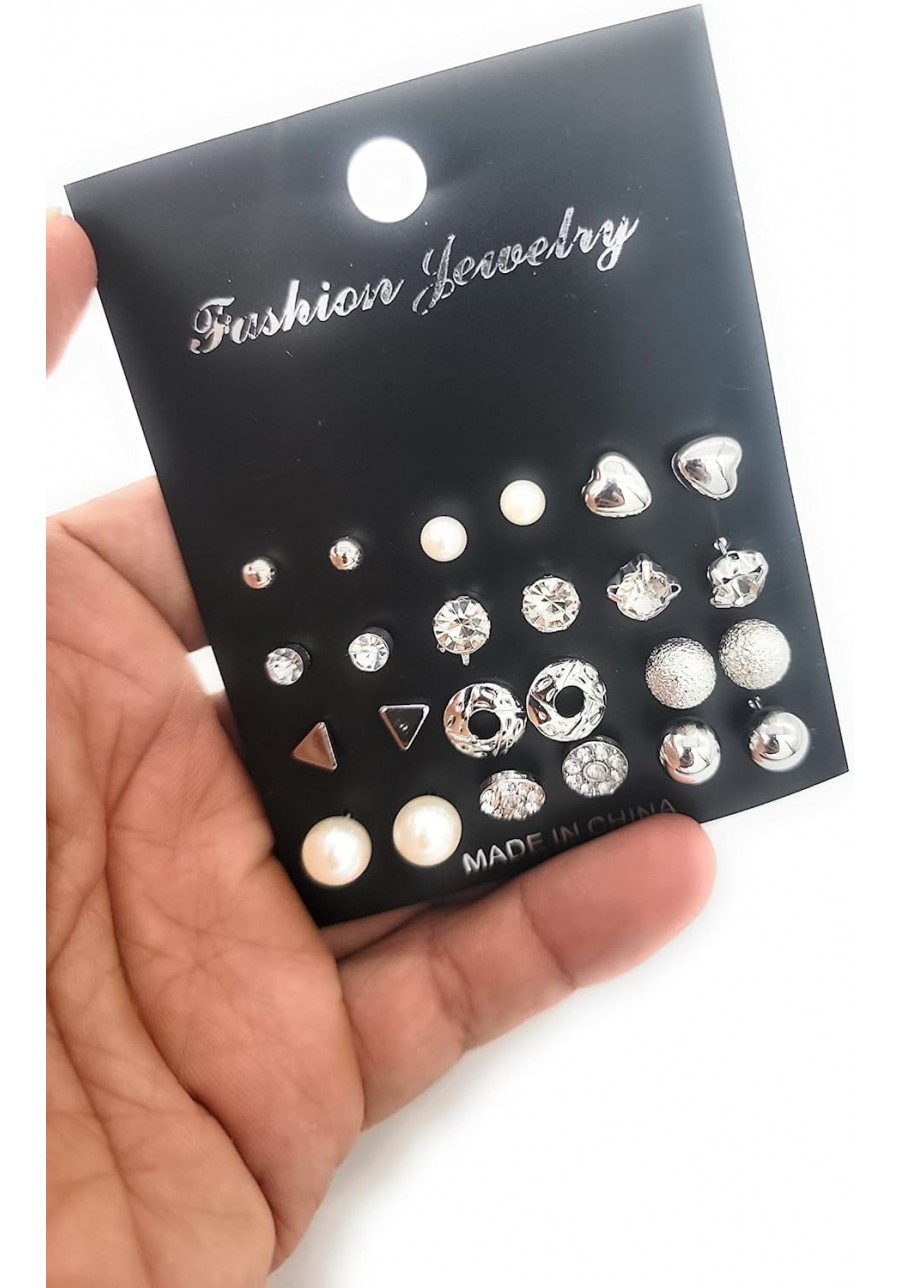 12Pairs Women Girl Fashion Pearl Crystal Heart Stud Triangle Earring Set Jewelry EW sakcharn (Silver) $6.77 Jewelry Sets