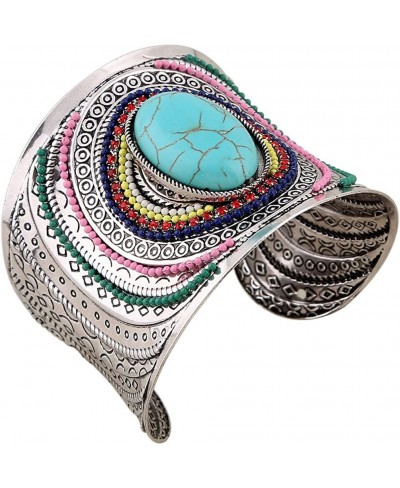 Women Bohemian Vintage Silver Turquoise Beaded Engrave Wide Grooved Open Cuff Bangle Retro Ethnic Bracelet Blue $8.42 Cuff