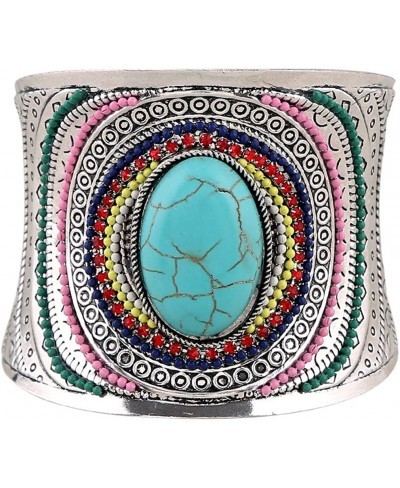 Women Bohemian Vintage Silver Turquoise Beaded Engrave Wide Grooved Open Cuff Bangle Retro Ethnic Bracelet Blue $8.42 Cuff