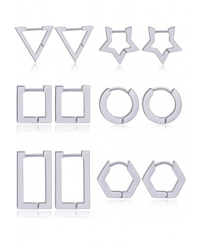 6 Pairs Minimalist Hoop Earrings Stainless Steel Small Dainty Geometric Square Triangle Star Rectangle Huggies Earrings for W...