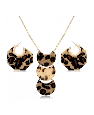 Leopard Necklace Earrings Set for Women Fur Leather Geometric Hexagon Hoop Dangle Earrings Long Moon Pendant Necklace Jewelry...