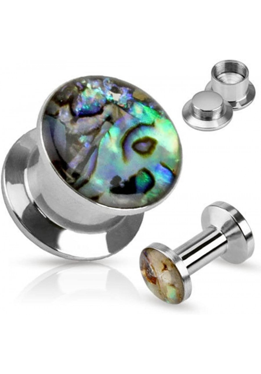 Pair Abalone Inlay Steel Screw Fit Plugs Tunnels Earlets Gauges Pierced Body Jewelry $15.36 Piercing Jewelry