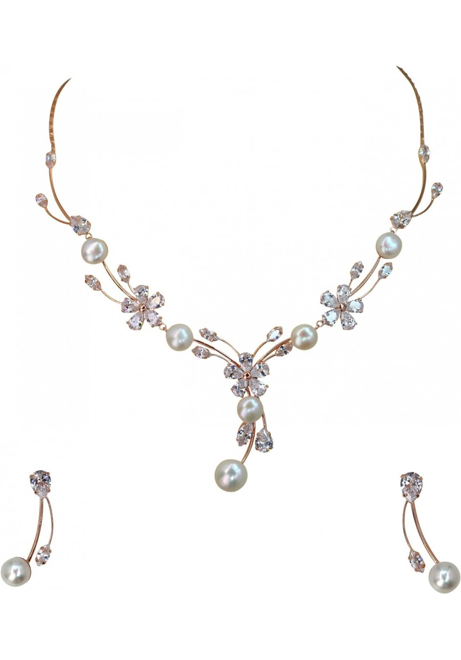 Gorgeous CZ Crystal Freshwater Pearls Floral Necklace Earrings Set $36.65 Jewelry Sets