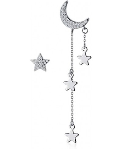 Asymmetrical Star Crescent Moon Stud Earrings Sterling Silver S925 Dainty Sparkling Crystal CZ Dangle Drop Studs Dangling Cha...