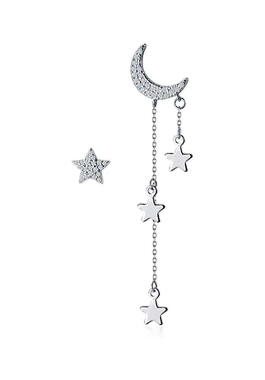 Asymmetrical Star Crescent Moon Stud Earrings Sterling Silver S925 Dainty Sparkling Crystal CZ Dangle Drop Studs Dangling Cha...