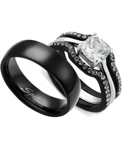 HIS & HERS 4PC BLACK STAINLESS STEEL WEDDING ENGAGEMENT RING & CLASSIC Band SET $29.57 Bridal Sets