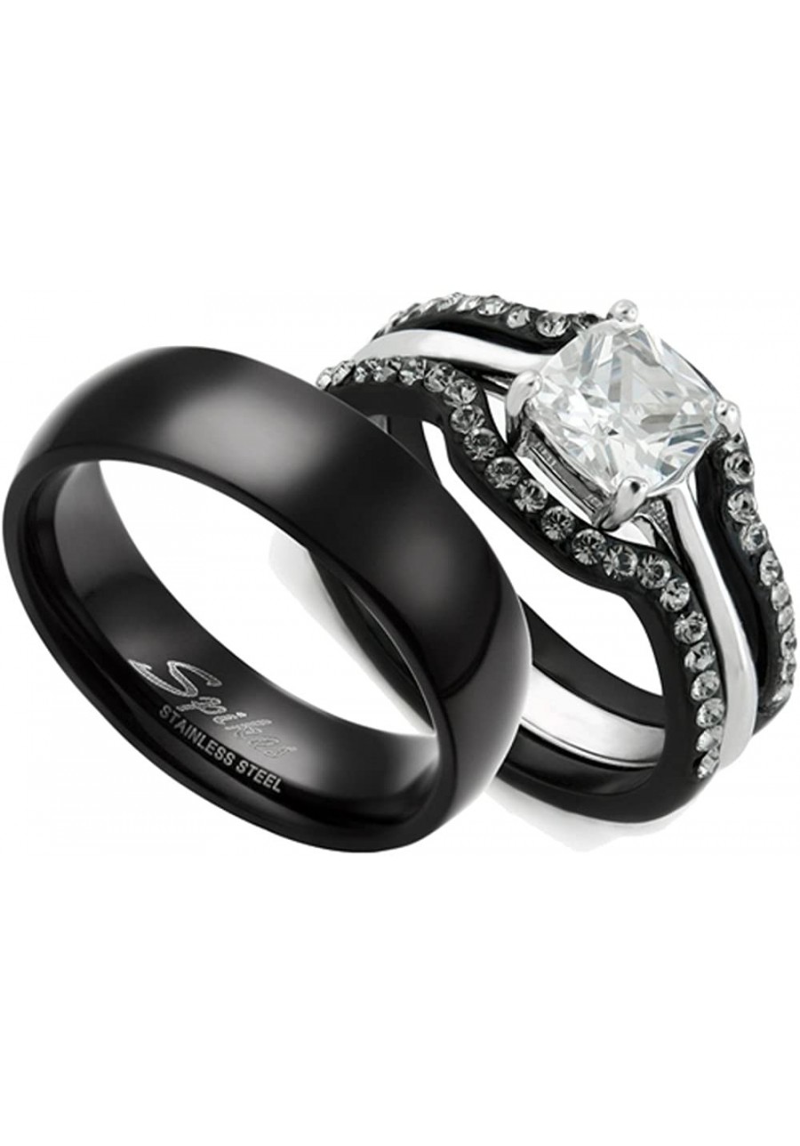 HIS & HERS 4PC BLACK STAINLESS STEEL WEDDING ENGAGEMENT RING & CLASSIC Band SET $29.57 Bridal Sets