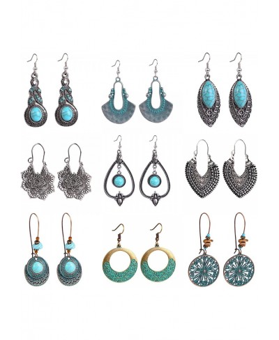 9 Pairs of Bohemian Turquoise Earrings Ethnic Style Retro Earrings Set for Women Girls Lovers Fashion Vintage Drop Dangle Ear...