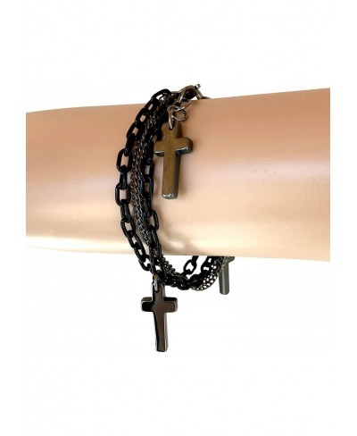 Multilayer Gothic 80s Retro Black and Gunmetal Chain Fashion Cross Charm Bracelet $14.34 Strand