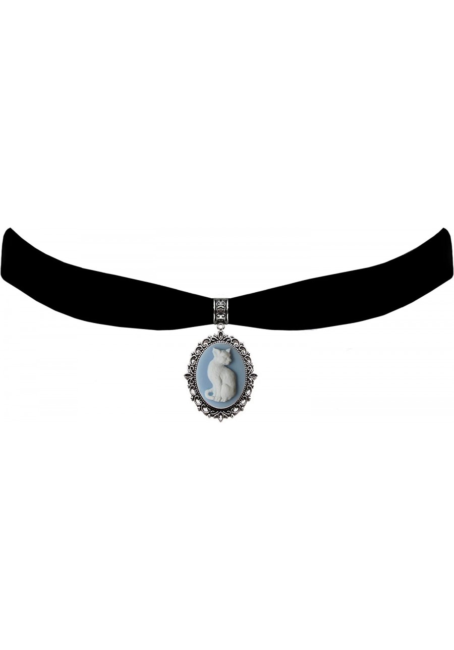 Black Velvet Choker Gothic Steampunk Blue White Cat Cameo Pendant Necklace $20.85 Chokers