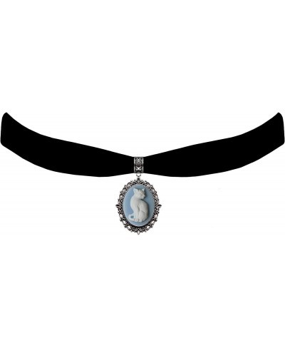 Black Velvet Choker Gothic Steampunk Blue White Cat Cameo Pendant Necklace $20.85 Chokers