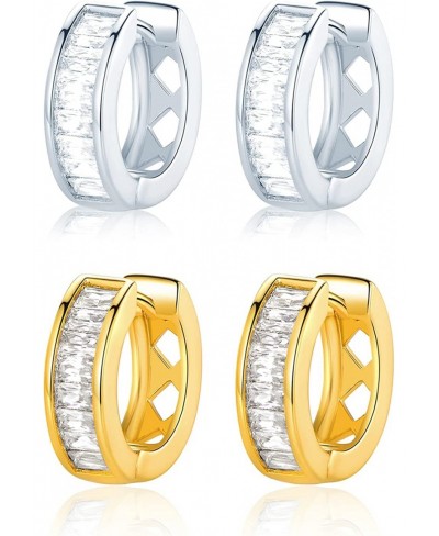 2 Pairs Huggie Earrings 18K Yellow Gold & White Gold Plated Cubic Zirconia Stud Hoop Earrings Hypoallergenic Huggie Hoop Earr...