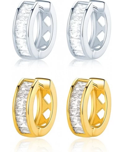 2 Pairs Huggie Earrings 18K Yellow Gold & White Gold Plated Cubic Zirconia Stud Hoop Earrings Hypoallergenic Huggie Hoop Earr...