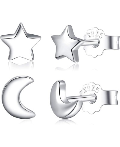 2 Pairs Moon Star Earrings 925 Sterling Silver Crescent Moon Earrings High Polish Tiny Cartilage Studs Set for Women $23.49 Stud