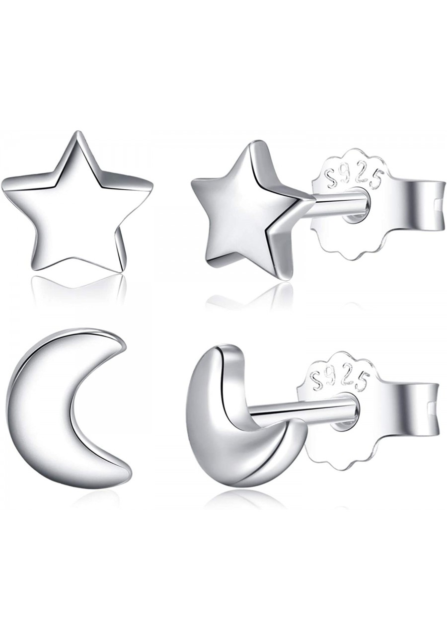 2 Pairs Moon Star Earrings 925 Sterling Silver Crescent Moon Earrings High Polish Tiny Cartilage Studs Set for Women $23.49 Stud