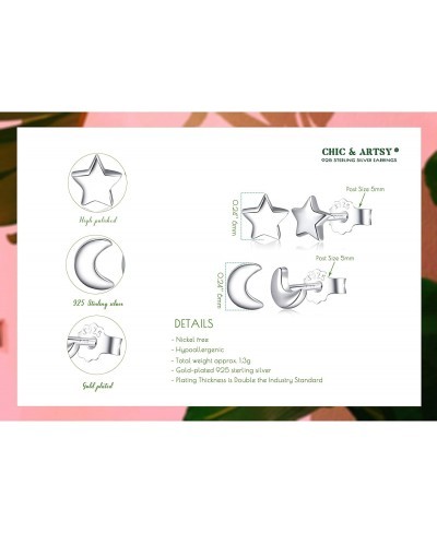 2 Pairs Moon Star Earrings 925 Sterling Silver Crescent Moon Earrings High Polish Tiny Cartilage Studs Set for Women $23.49 Stud