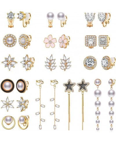 15 Pairs Gold/Silver Clip on Earrings Set for Women Teen Girls CZ Simulated Pearl Clip on Earrings for Girls Hypoallergenic N...